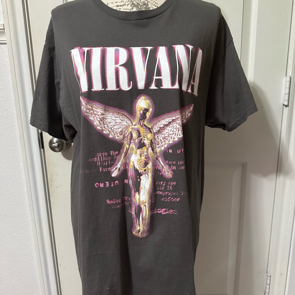 NIRVANA Gray Tee with Pink and Gold Graphic
